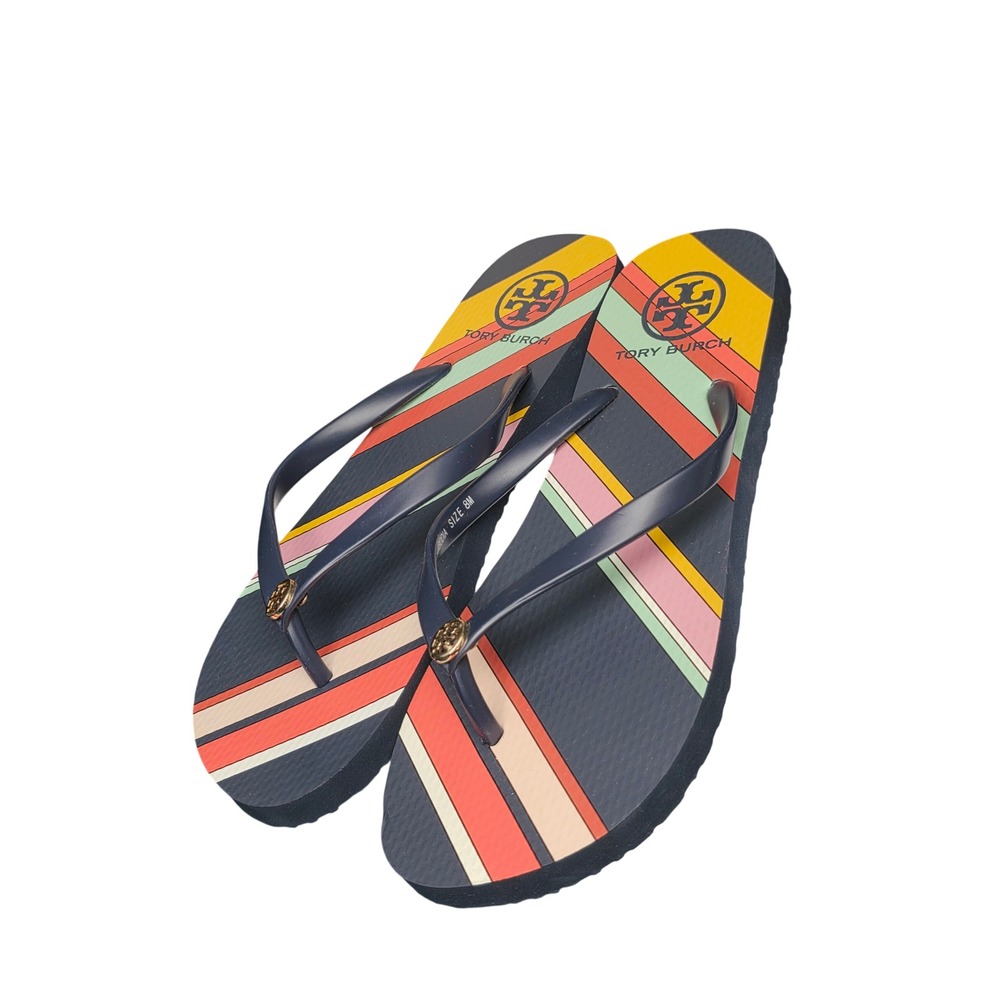 Tory Burch Flip Flops 8M Navy Multi Stripe Logo Thong Sandals Summer Beachwear - Picture 8 of 9